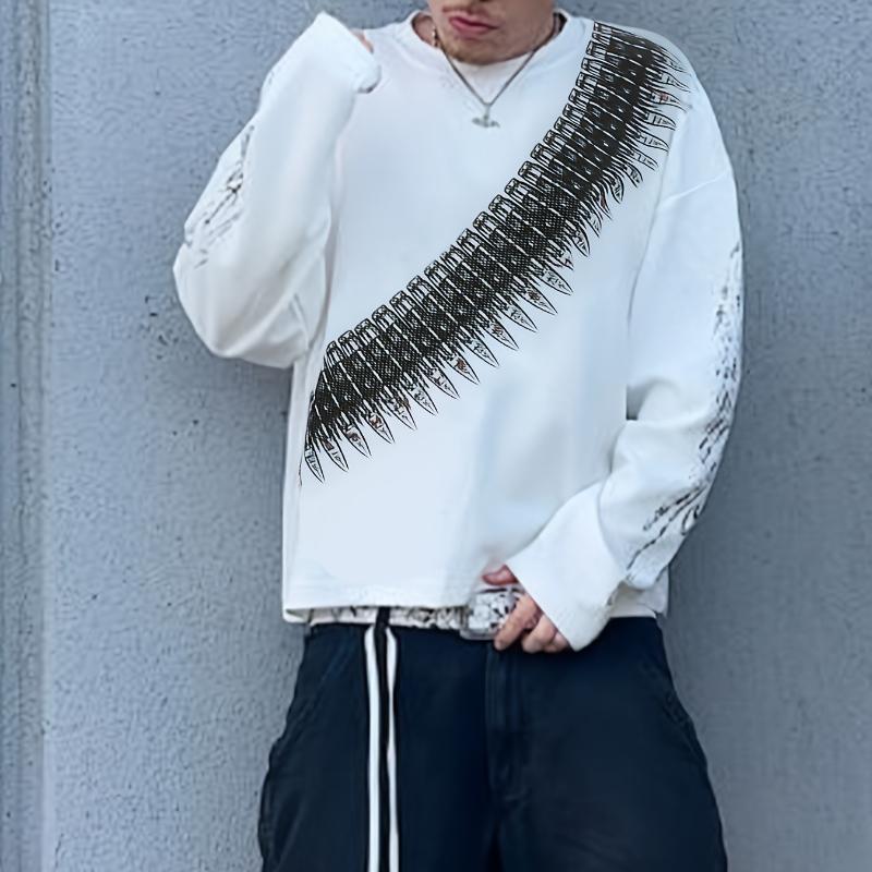 European and American style dark printed round neck long sleeved retro street trend pullover top