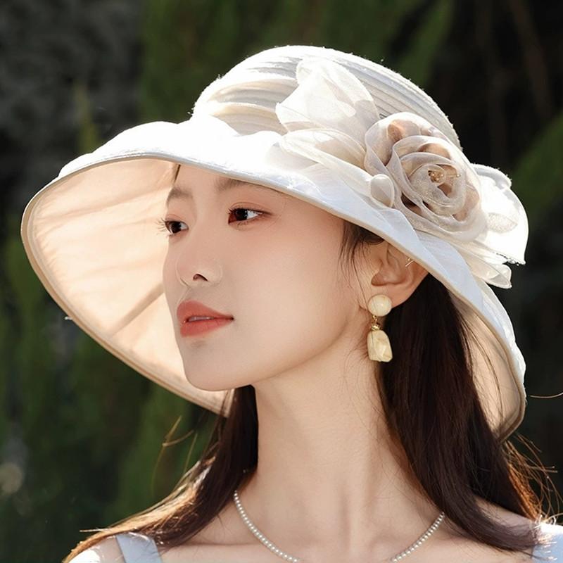 Elegant Organza UV Protection Hat Summer Ladies Outdoor Flower Sun Hat Mom's Hat