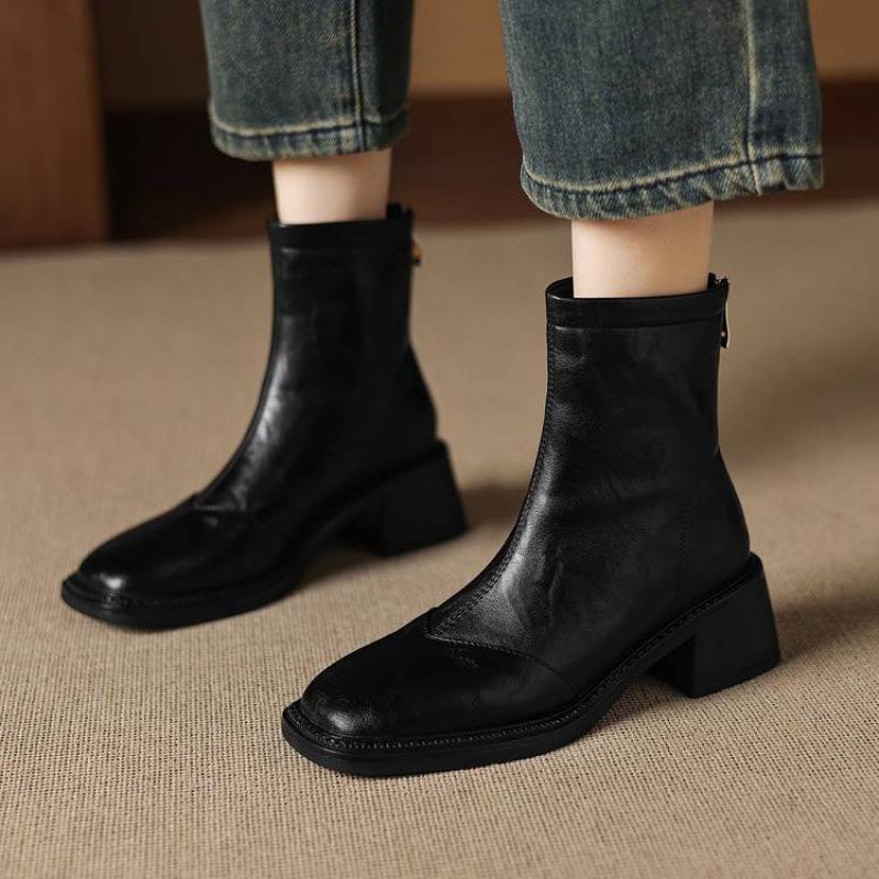 New Women's Leather Plus Size Women's Boots Rubber Sole Middle Heel Comfortable Rear Zipper Middle Tube Boots Autumn and Winter Martin Boots Women's