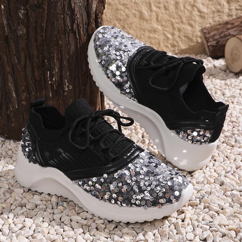 Silver Glitter Sneakers for Women Spring 2025 Platform Flat with Knitted Shoes Woman Patchwork Breathable Casual Shoes Flats 43