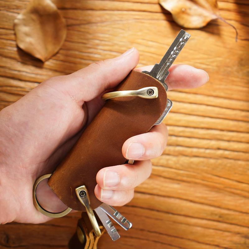 Genuine Leather Smart Key Wallet Holder Organizer Keys Clip Folder EDC Outdoor Portable Household Key Pocket Tools with Keyring