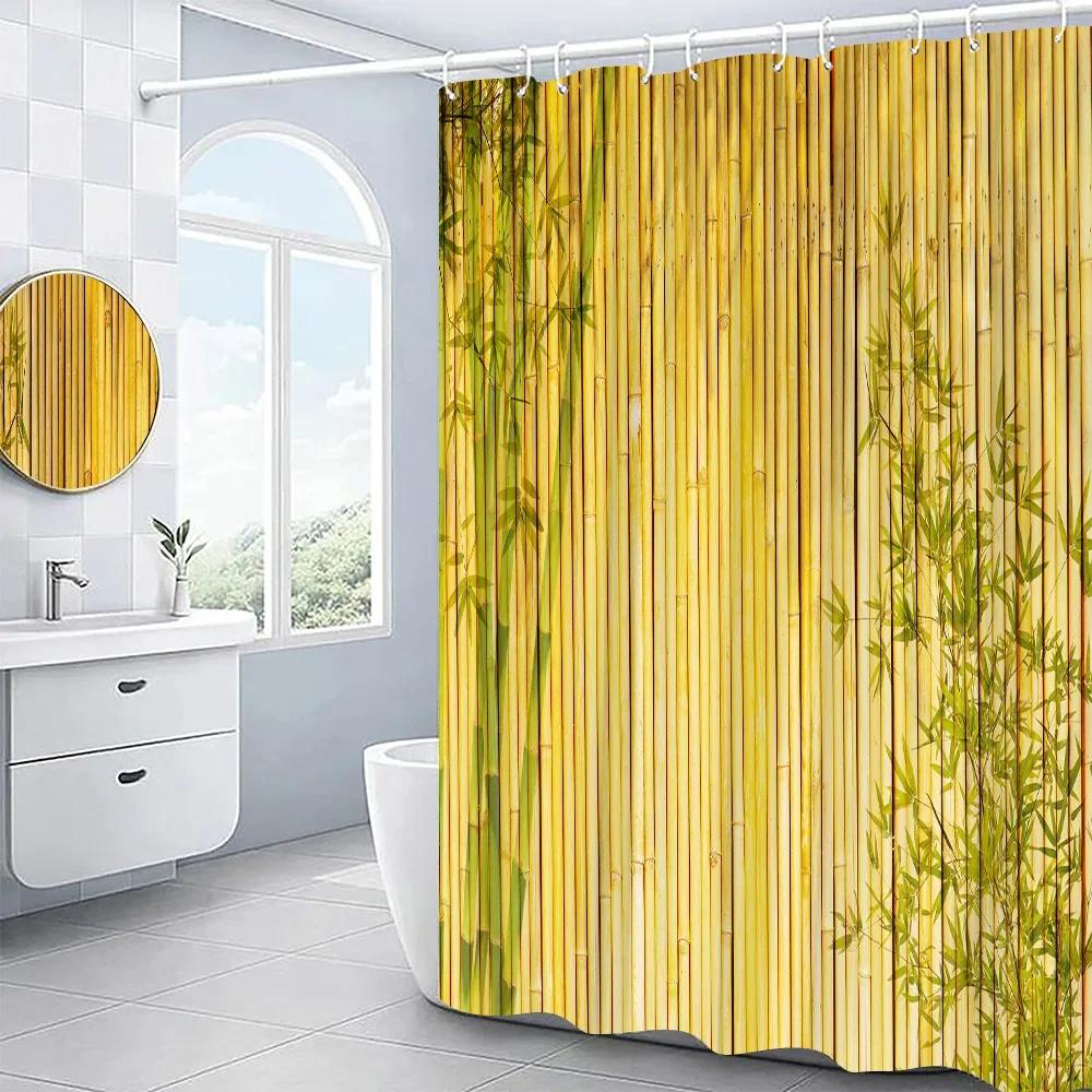 3D Bamboo Shower Curtain Set Wood Grain Pattern Flowers Lotus Painting Bathroom Decor Polyester Fabric Bath Screens Cortina Baño