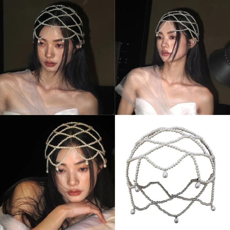 Unique Handmade Pearls Hat Hollows Out Headpiece Elegant Bride Hair Ornaments Women Hair Styling