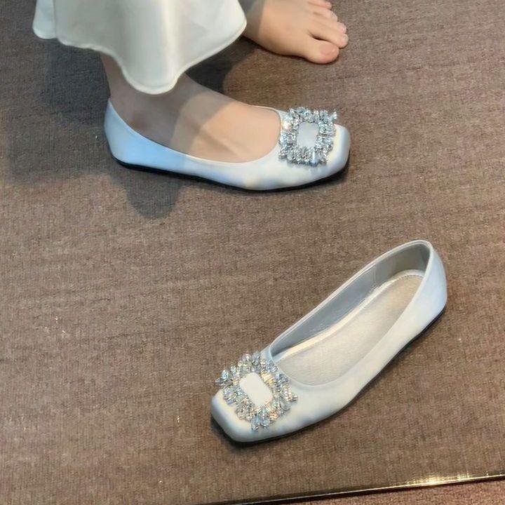 Evening Wind Ladyshoes Women's 202 Years 5 Early Autumn New Models Not Tired Feet Square Buckle Rhinestone Flats with Skirts Shallow Mouth Single Shoe