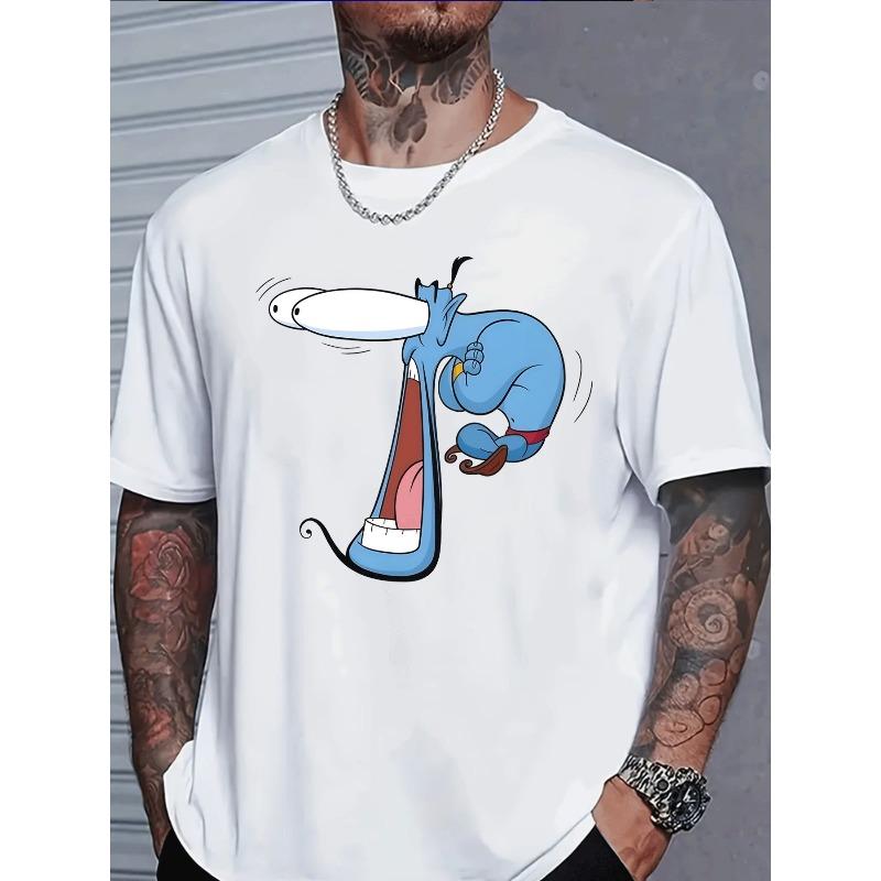 

Классическая мужская повседневная модная футболка в уличном стиле с графическим принтом, синий персонаж Джинн с большим открытым ртом, высунутым языком и белыми глазами. S белый