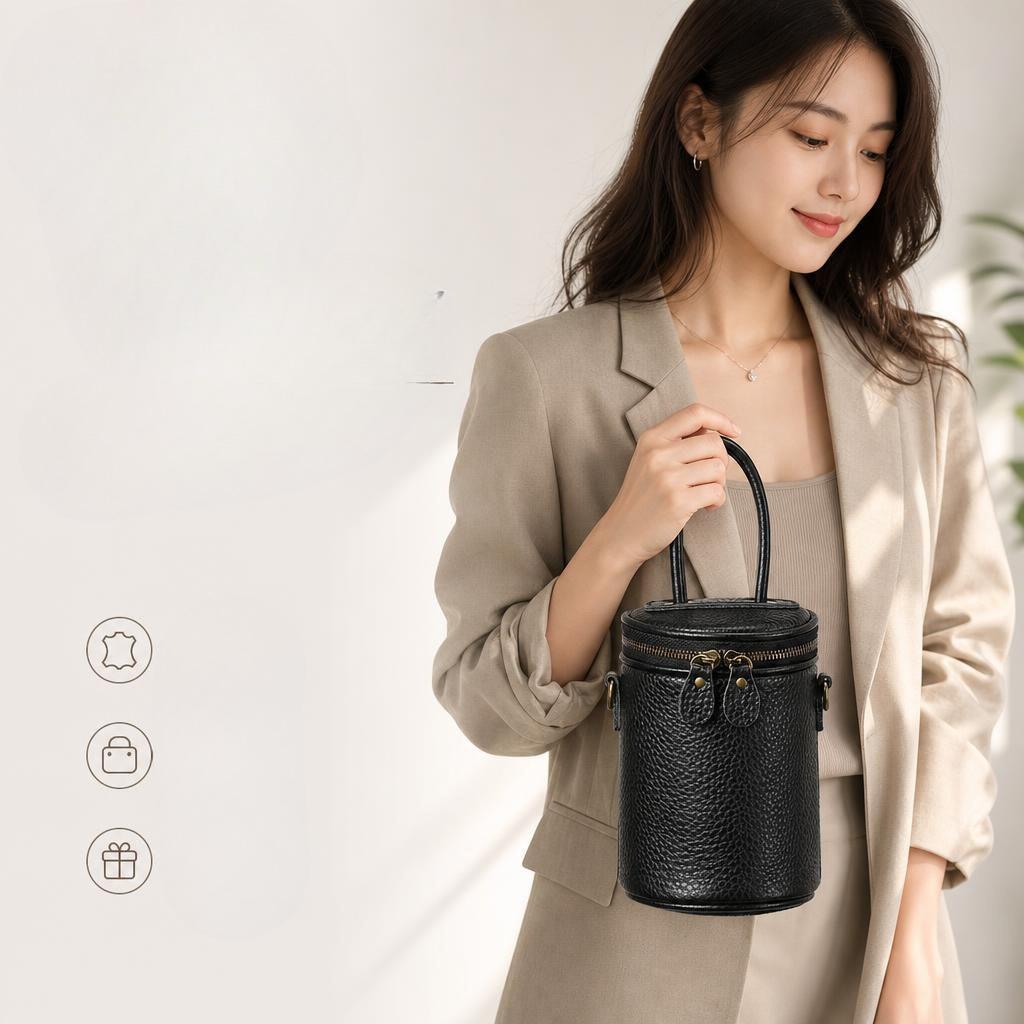 Genuine Leather Cylindrical Handbag for Carrying Water, Single-shoulder Crossbody Style, Fashionable Small Bag