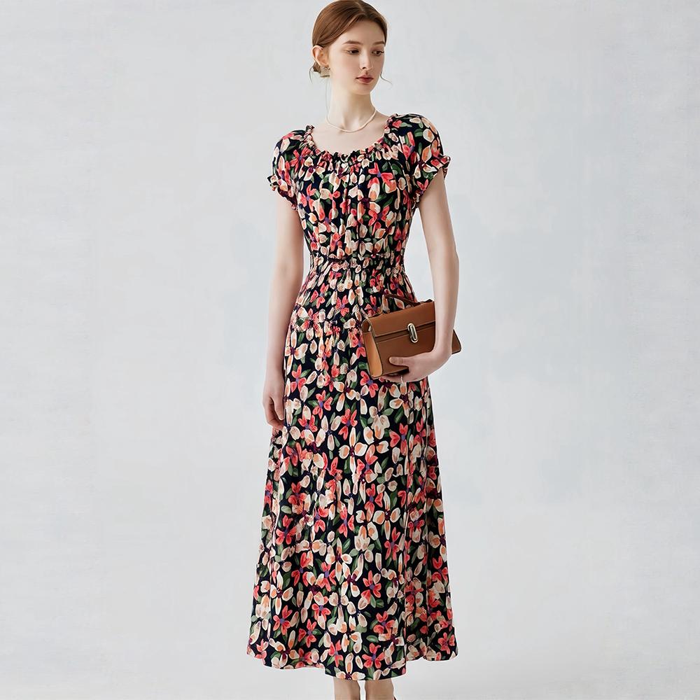 Bohemian Cotton-Silk Floral Printted Off-the-Shoulder French-Style Summer Dress for Women Ethnic-Style Elastic Waistband Pleayed Long Dress