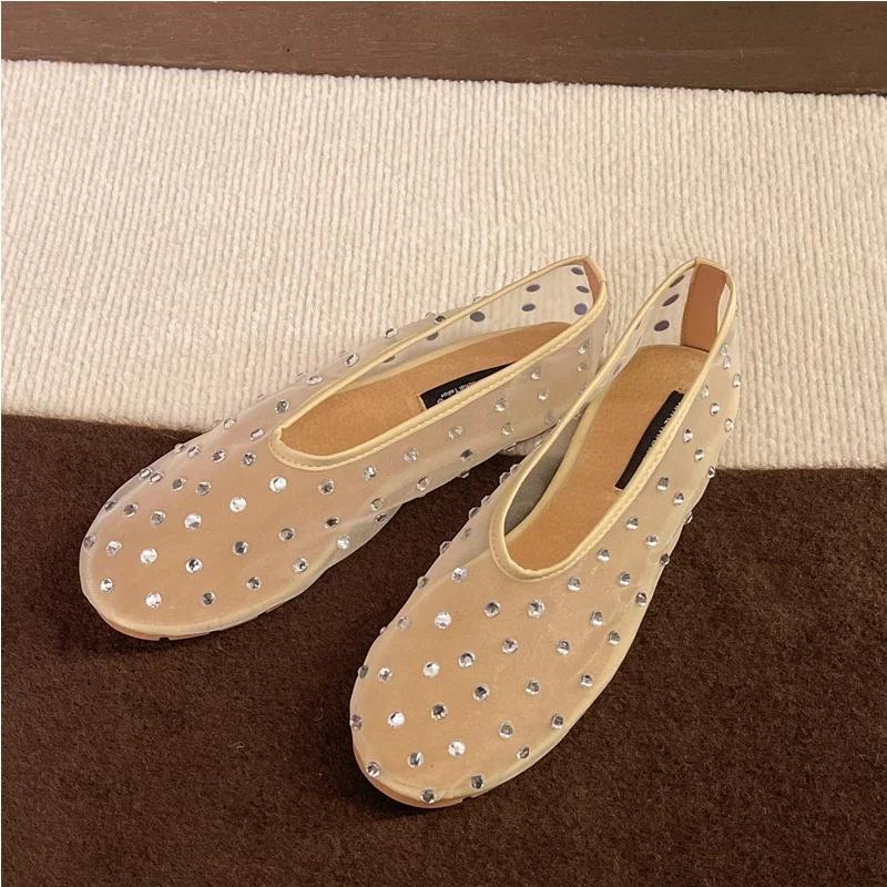 Fashion Luxury Crystal Rivet Design Mesh Sandals Women Light Breathable Flats Fashion Comfort Mules Shoes Elegant Loafers Ballet Shoes