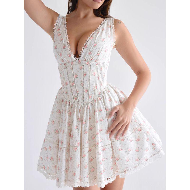 Mist Rose House Same Romantic Sweet Lace Stitching Cream Print Waist Hugging Pure Desire Puffy Dress