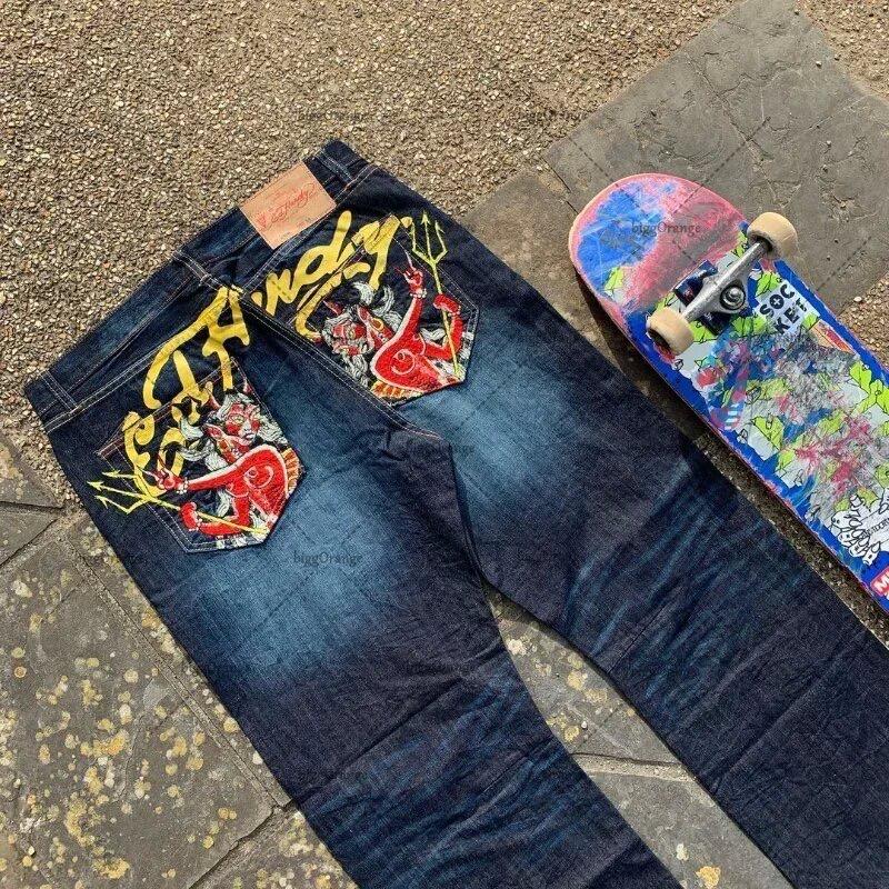 Printed Street Jeans Men's Y2K Hip-hop High-waisted Straight Retro Loose Wide-leg Pants Denim Trousers European and American
