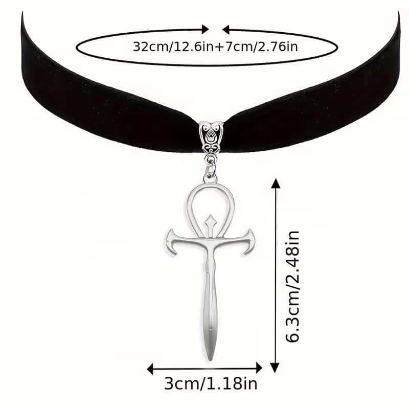 Collana Choker Vampiro Gotico in Velluto Nero con Ciondolo Ankh Spada Croce Colore Argento per Uomini Donne Halloween Gioielli Stregoneria