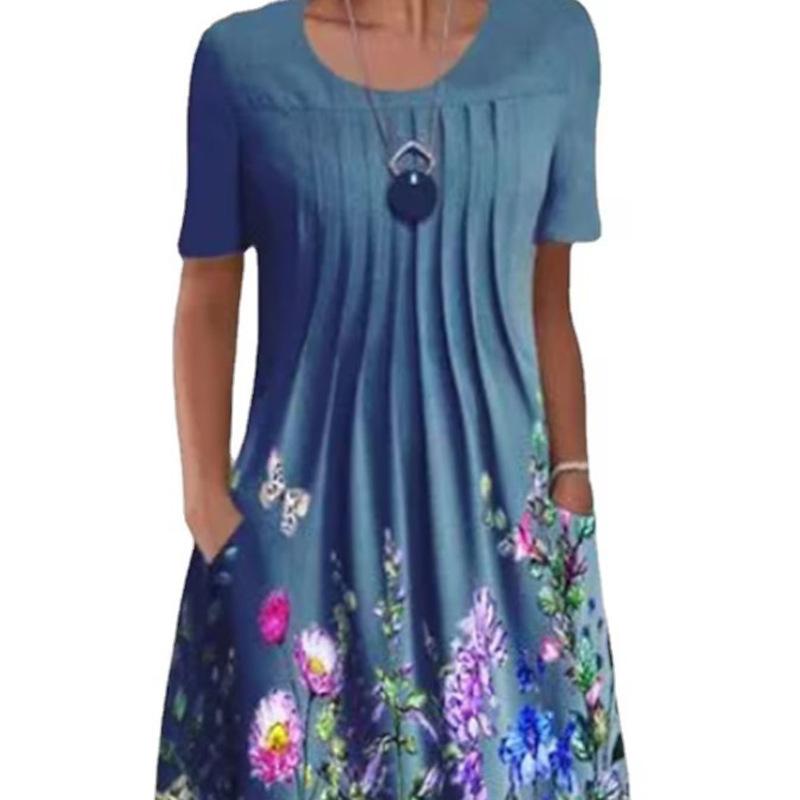 Spring and Summer Floral Print Crew Neck Pocket Women's Fashion Casual Crew Neck Trend Print Medium and Long Dress