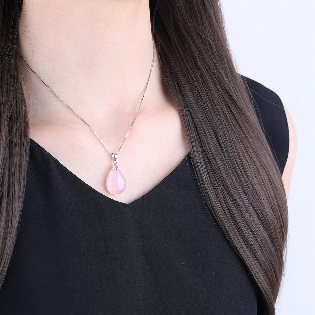 [KOAI] Teardrop Rose Quartz 925 Silver Chain Teardrop Water Droplet Love Fulfillment Lucky Charm Pendant Necklace for Women