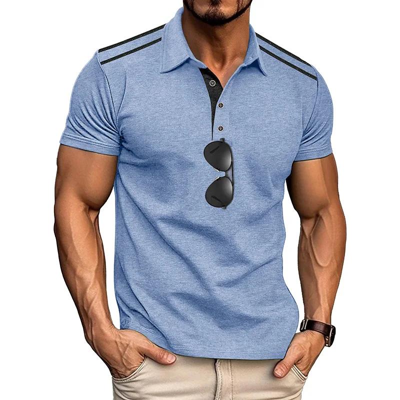 2025 Summer Men's Short-sleeved Lapel Polo Uniform Buttons Retro Color Block Casual Loose Versatile Polo Shirt