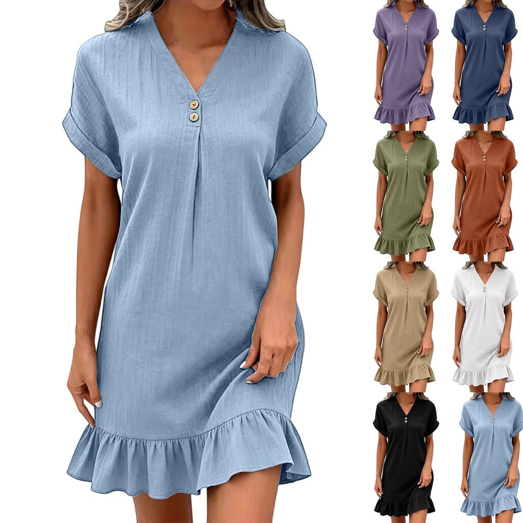 Women's Casual Pullover Dress V Neck Short Sleeve Button Detail Relaxed Fit Ruffle Hem Lightweight Fabric Summer Vacation Dress