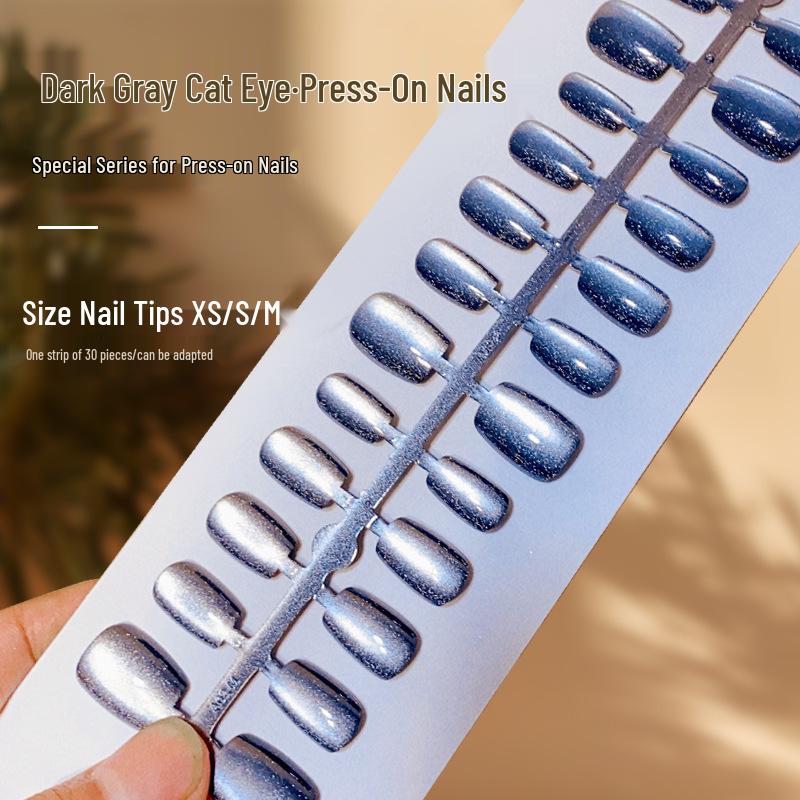 

Темно-серые хрустальные кошачий глаз короткие накладные ногти - Ручная работа Т-образные носимые наклейки для ногтей