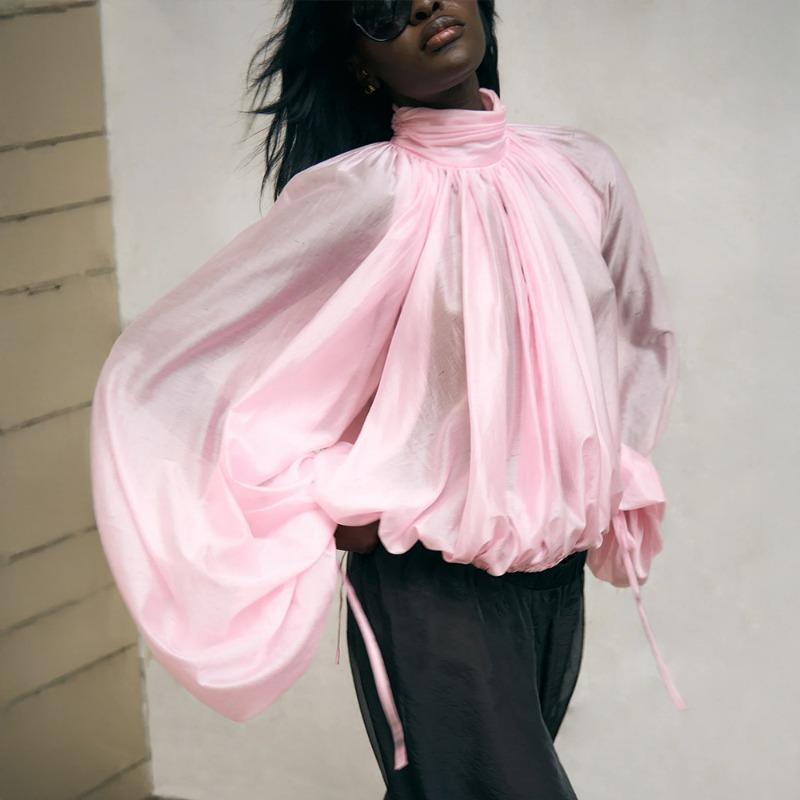 Talenza Spring Pink Blouses Women'S Fashion High-Neck Ruffled See-Through New Shirt Casual Loose Chic Commuter Female Shirt Top