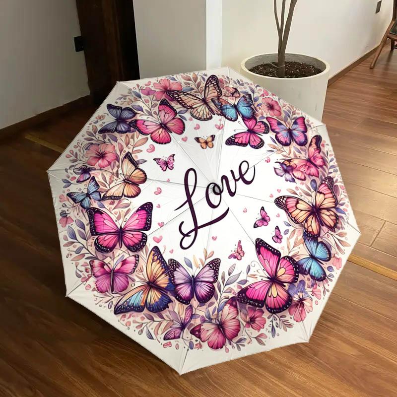 

Love Wreath Butterfly Floral Design Automatic Opening Folding Umbrella - Portable 3-Fold Design with 8-Bone Iron Frame for Outdoor Use, Perf