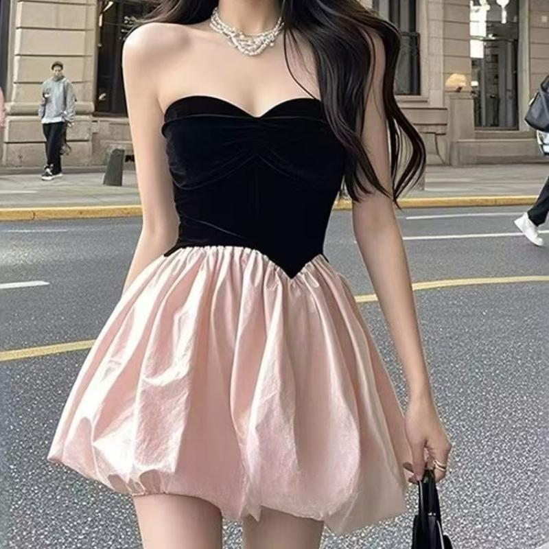 French Style Sweet Socialite Color Block Puff Mini Dress Strapless Slim Fit Elegant and Sexy Suitable for Parties Casual Outings Travel Evening Events