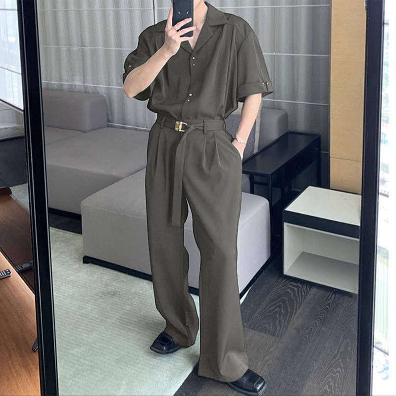 INCERUN Two Pieces Outfits Men Lapel Neck Short Sleeve Striped Shirt Long Suit Pants Sets