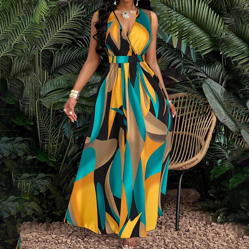 Spring new, elegant, fashionable and sexy printed sleeveless V-neck dress S