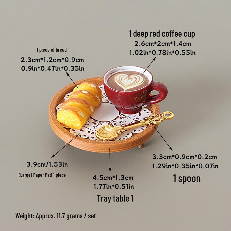 

Miniature Dollhouse Table Set: Tray, Coffee Cup, Spoon, Bread Decor