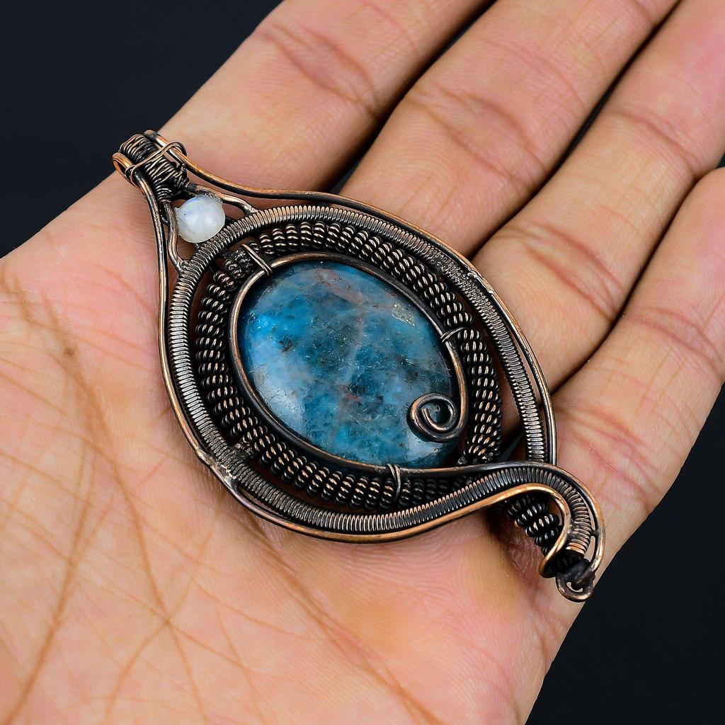 Neon Apatite, Moonstone Gemstone Pure Copper Wire Wrapped Designer Handmade Pendant Jewelry Gift For Woman