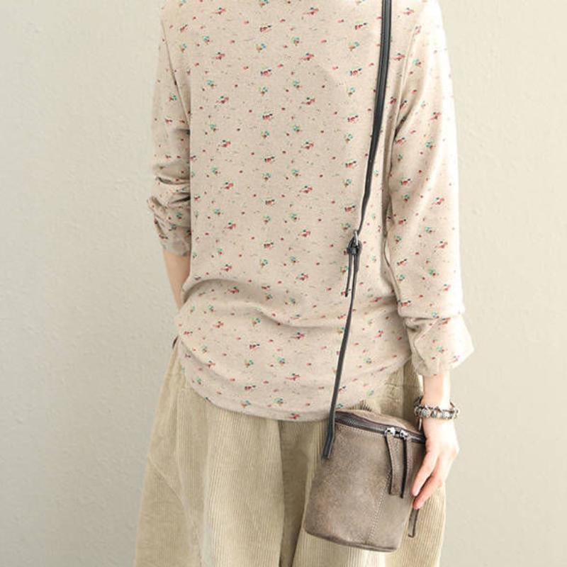 Dam Vår och Höst Retro Ståkrage Blommig T-shirt Dam Långärmad Skjorta Topp Dam Underlags-skjorta