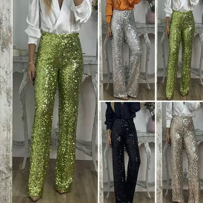 Women Sequins Long Pants High Waist Slim Fit Shining Trousers Solid Color