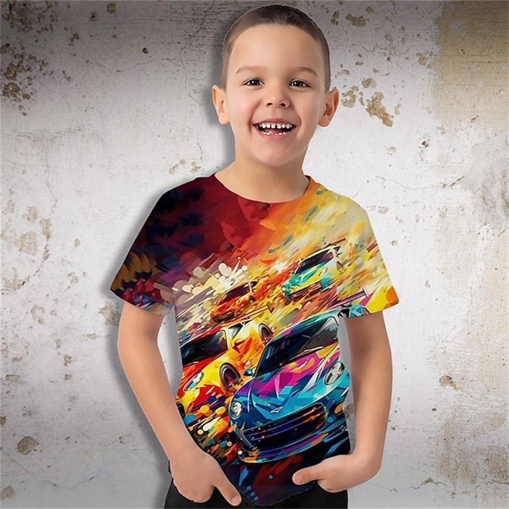 Summer Round Neck 3D Cool Racing Car Graphics Printed Top Fashionable Casual Short Sleeved Children's Boy T-shirts