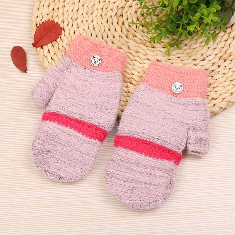 New Children's Thermal Writing Gloves Autumn and Winter Thickened Flip Color Matching Wool Finger Knitted Student Gloves Women