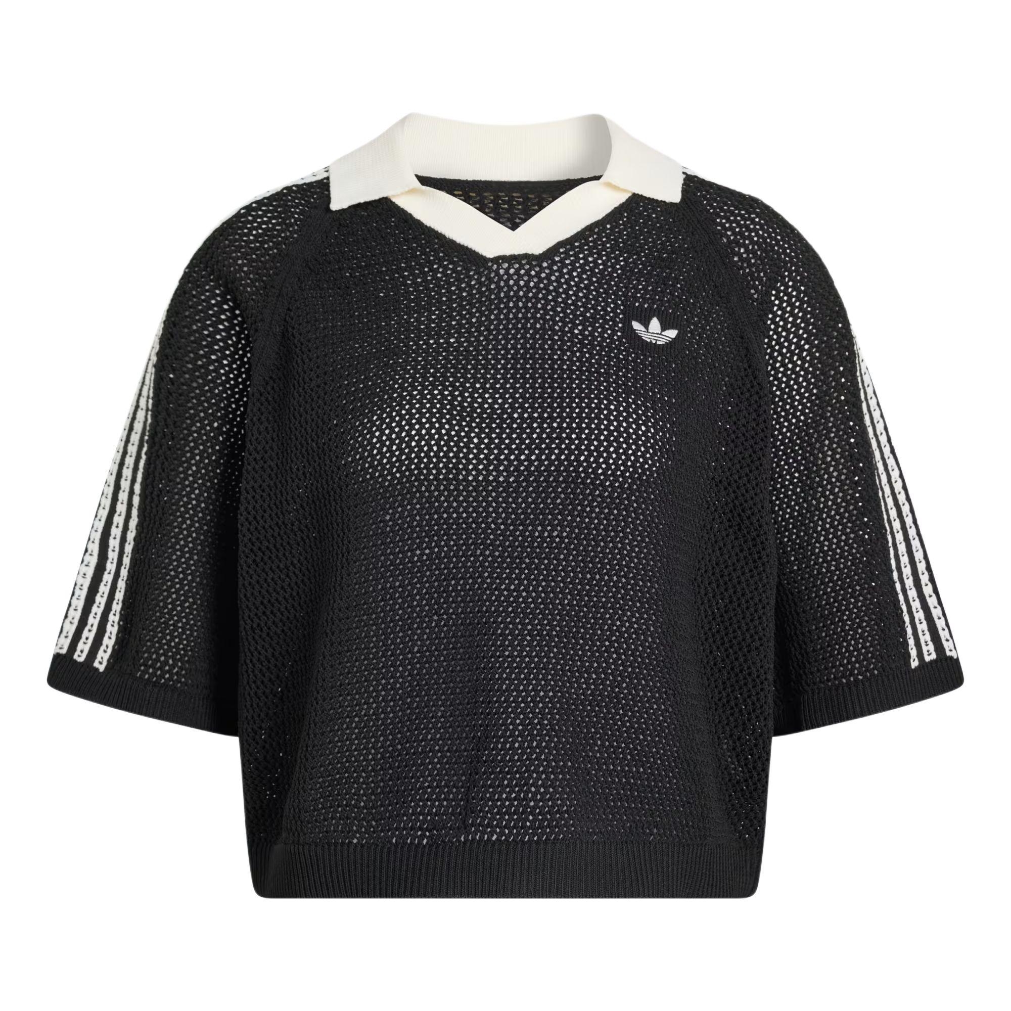 Adidas Originals Knitted Crochet Three Stripes Loose V-Neck Short Sleeve Polo Shirt Women tops KC6491 XS