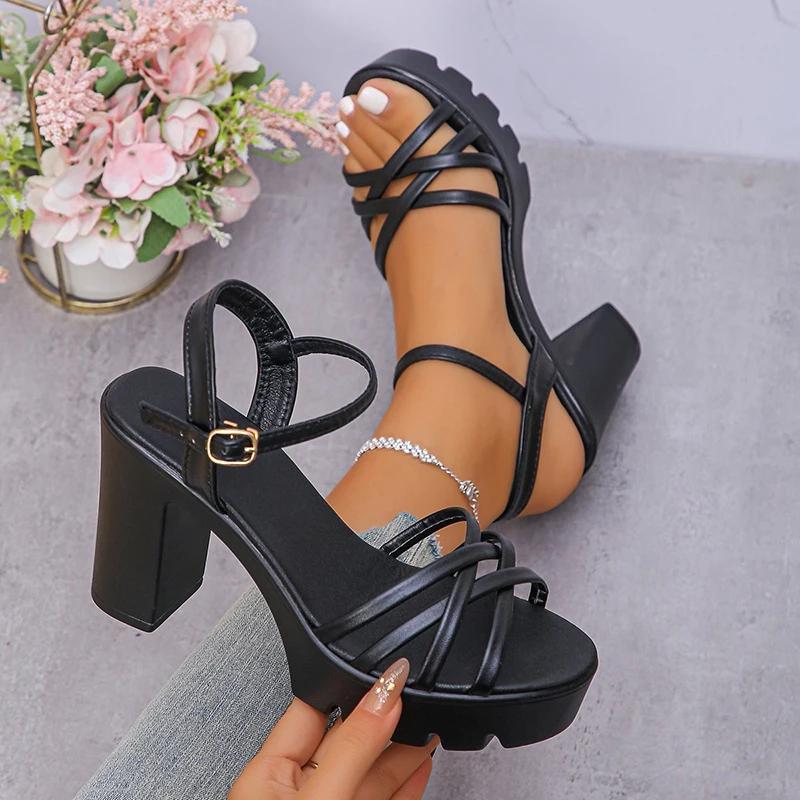 

Fashion Women High Heel Sandals Ankle Buckle High-Heeled Sandals New Style Cross Strap Platform Sandal Female Thick Heel Sandalias Mujer 35 чёрный