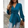 Elegant Deep V Neck Cross Strap Slim Fit Waist Shirt Long Sleeve Pleated Cuffs Office Fashion Blouse Retro Casual Bow Tie Lace-up Top Female Clothing