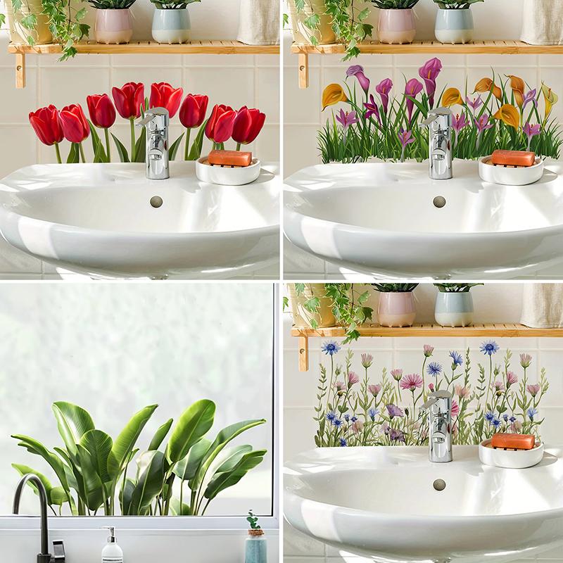 Floral Sink Area Background Wall Sticker Bathroom Sticker Self-Adhesive Removable Waterproof Backsplash Decoration Home Decor