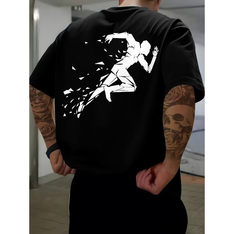 European Size Men'S Summer Casual Short-Sleeve T-Shirt Featuring a Distressed Running Figure Design, Versatile And Trendy for Men'S Fashion