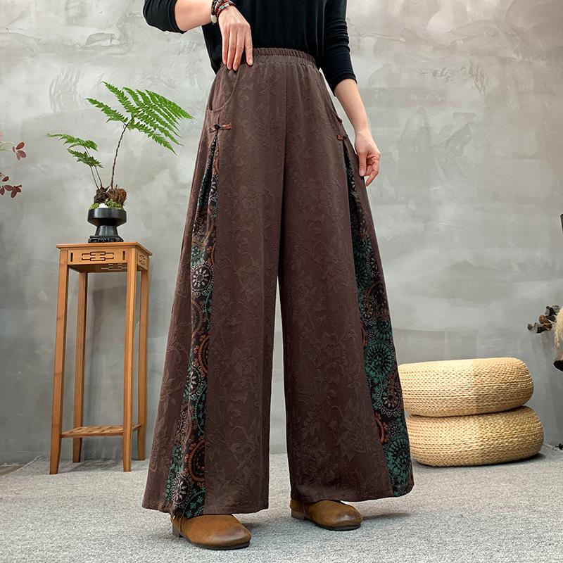 

Женские этнические ретро жаккардовые брюки с широкими штанинами, весна 2025 - Свободные, стройнящие, кюлоты в стиле пэчворк с застежкой на пуговицу-лягушку 4XL (135-145 jin) кофейный