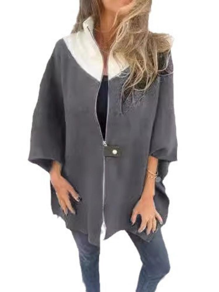 

Women s Oversized Beige Cape Coat with Black Trim Casual Loose Outerwear S сірий колір