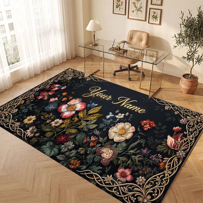 Floral Garden Theme Crystal Velvet Floor Rug Personalized Custom Name Text Warm Carpet Home Decoration