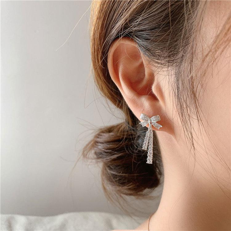 French Bow Full Diamond Tassel Earrings Sweet Earrings Make Your Face Look Thin