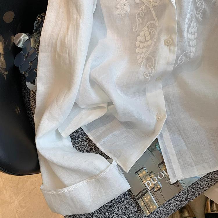 Women's Long Sleeve Blouse V Neck Japanese Casual Linen Shirt Floral Embroidery Open Front Top