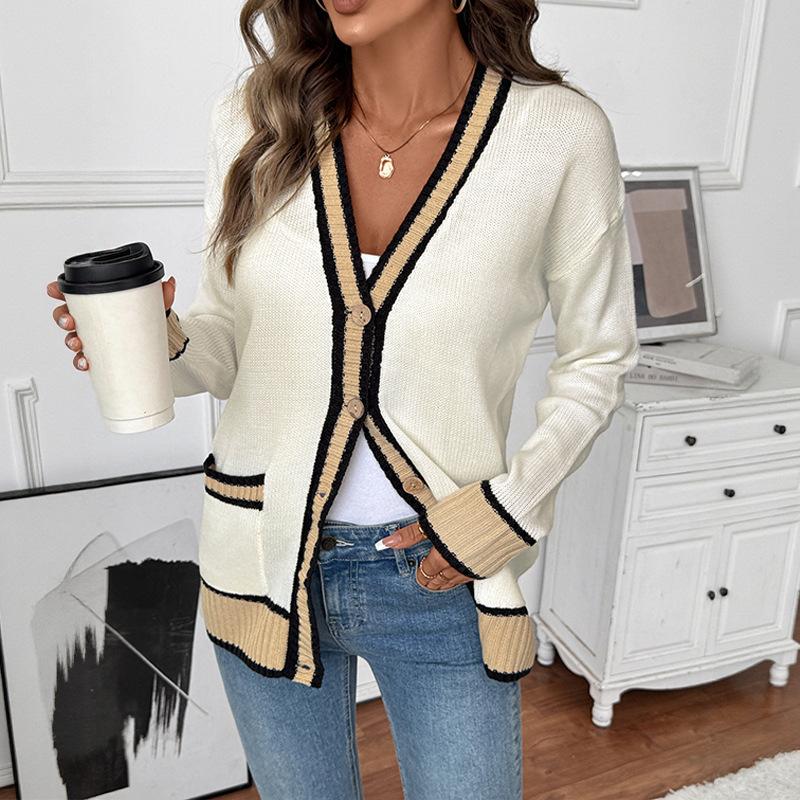 

2025 Новый осенне-зимний вязаный кардиган, повседневный свободный свитер-жакет с V-образным вырезом для женщин S белый