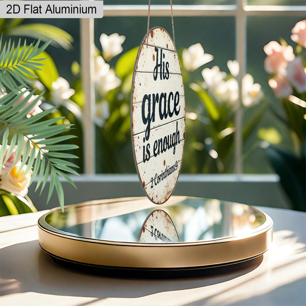 2D Flat Aluminum His Grace Is Enough Christian Wall Decor, Round Metal Sign with Rustic Wood Look, 2 Corinthians Bible Verse Scripture Plaque for