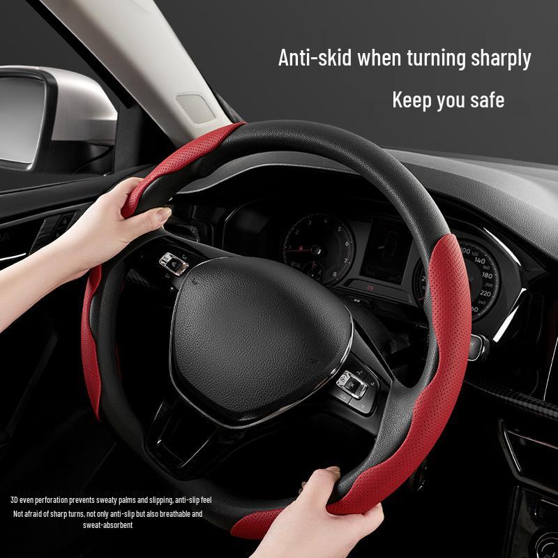 D-type Nappa Leather Anti-slip Perforated Steering Wheel Cover - Universal Fit, Four Seasons Use