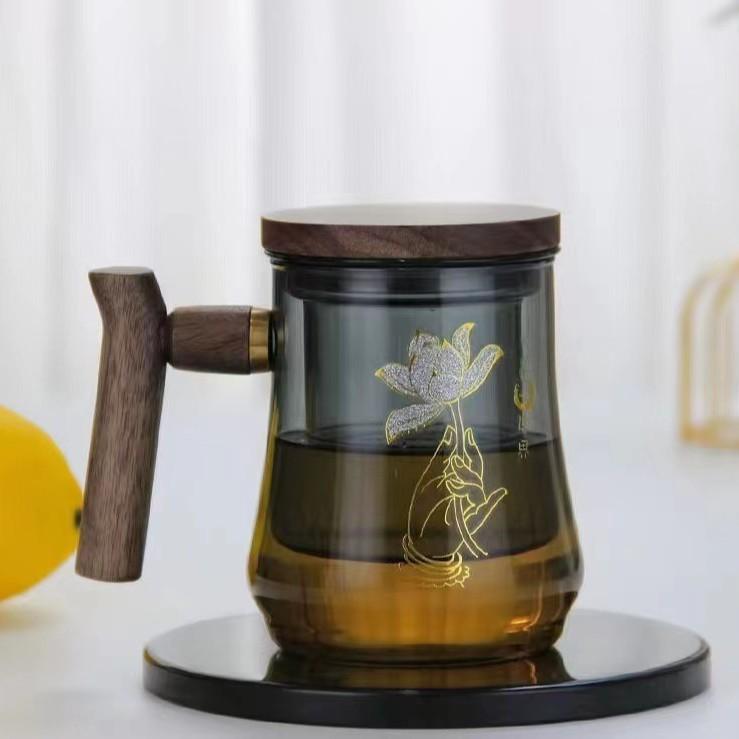 Hochborosilikatglas Hochtemperaturbeständig Glas Teetasse Tee-Wasser-Trennung Kann getrennt werden Dreiteilige Holztasse Büro Trinkbecher