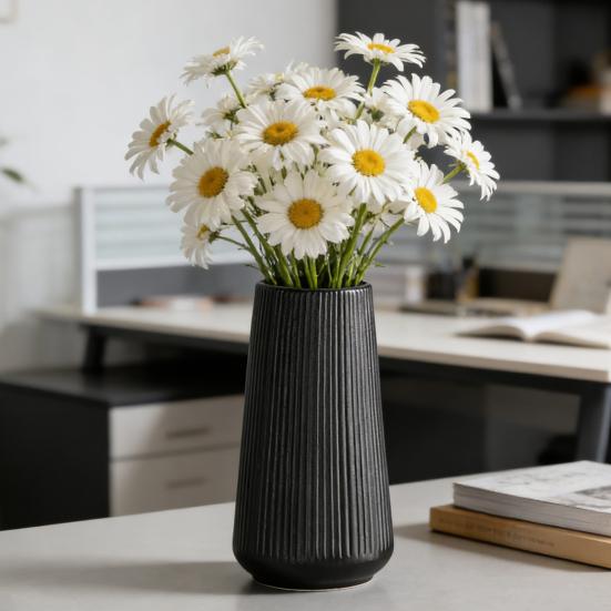 White Ceramic Vase Small Ribbed Textured Flower Vase for Pampas Grass Home Living Room Bedroom Dining Table Farmhouse Kitchen Shelf Table Decor