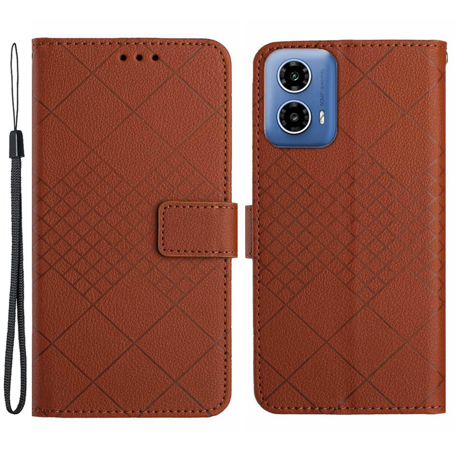 

HT06 For Motorola Moto E14 4G/G04 4G/G04s 4G/G24 4G Flip Leather Case Wallet Cover Litchi Texture Brown