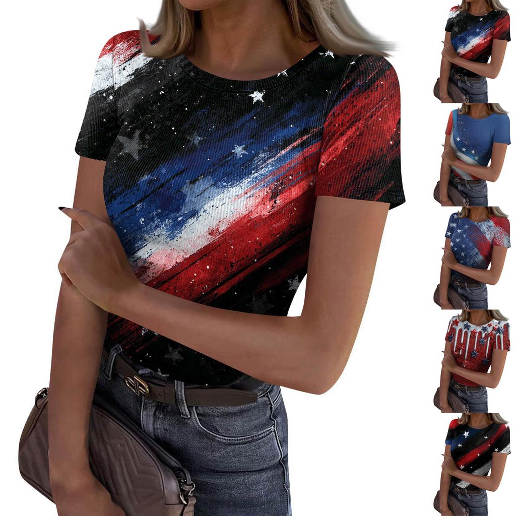 Women's Casual Fashion Round Neck Independence Day Print Short-Sleeve Ribbed Top