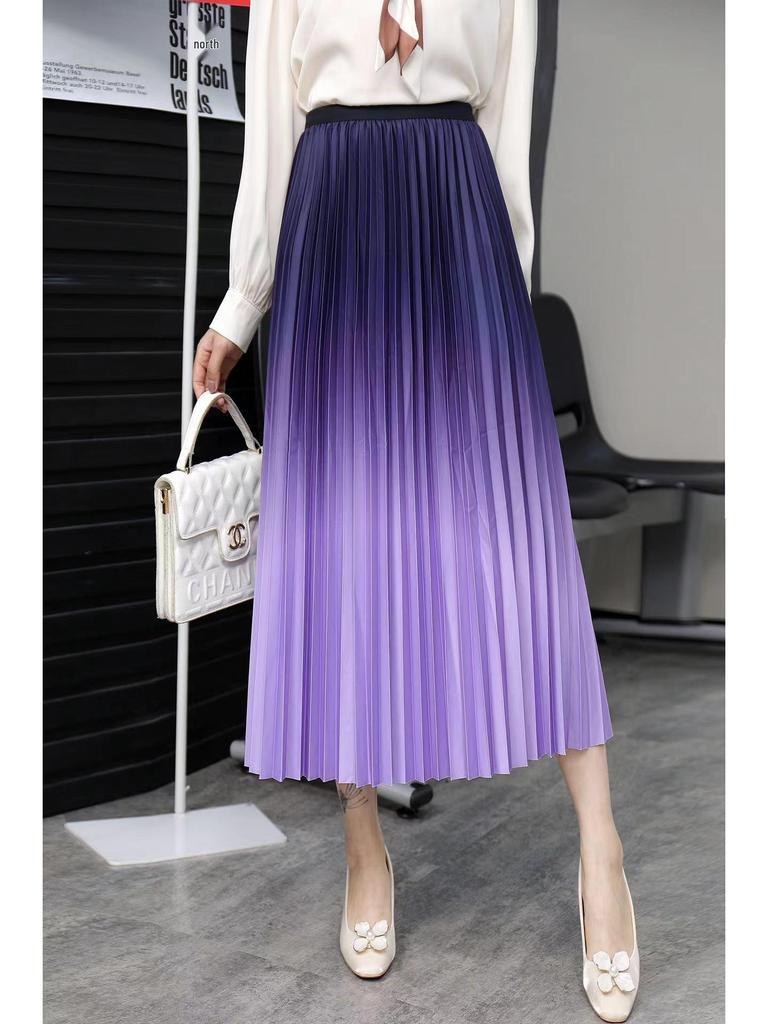 Women's Gradient Pleated Midi Skirt: Classic A-Line Slimming Design for Spring & Summer
