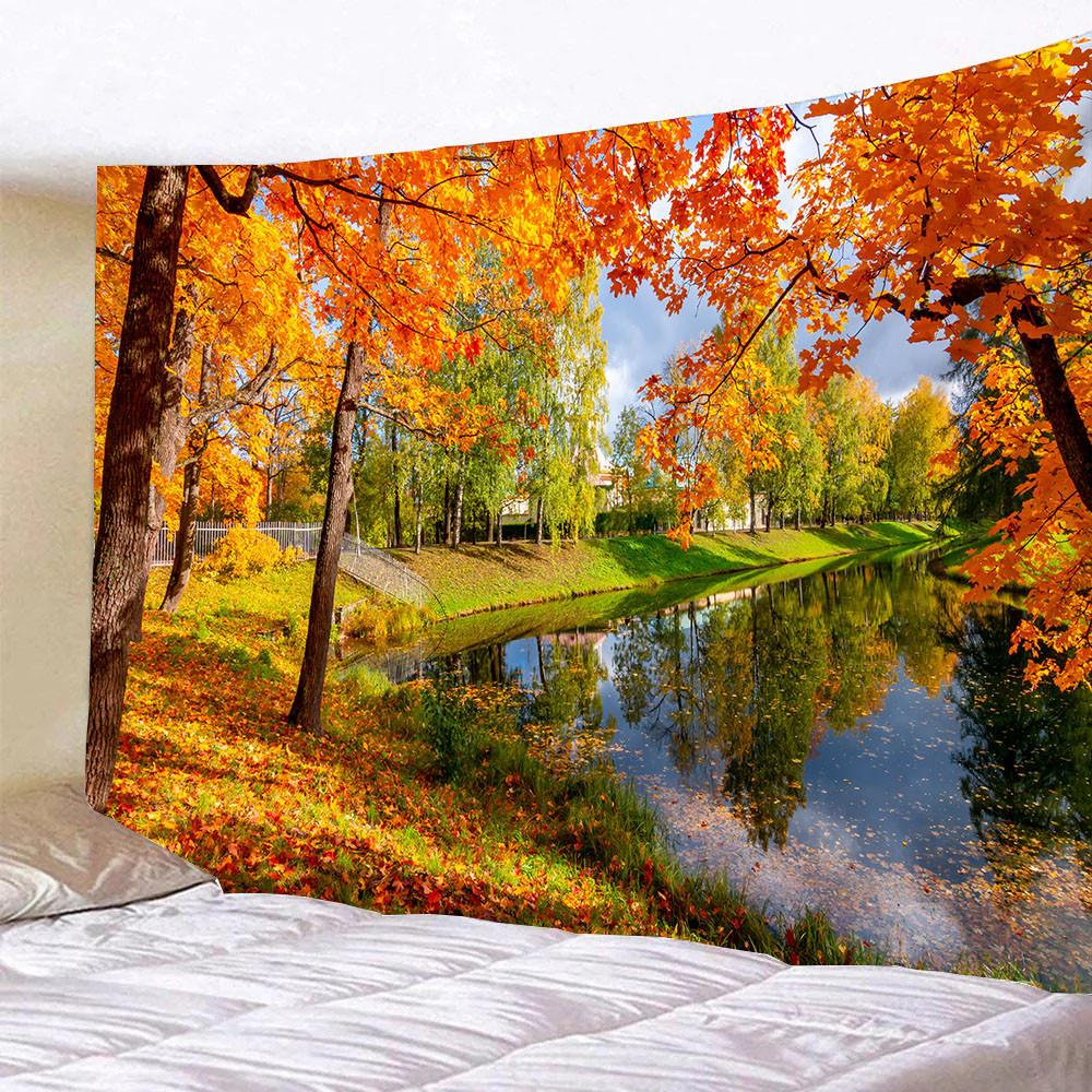 Bedroom Living Daily Decor Tapestry Autumn Leaves Dusk Pond Landscape Plant Wall Tapestry